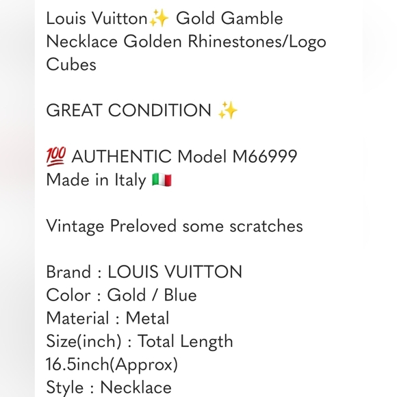 Louis Vuitton Goldtone Gamble Necklace/ w/COA - Picture 9 of 9